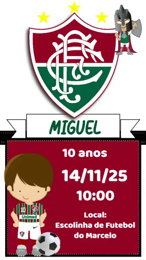 Convite Fluminense – tema Aniversário cores vibrantes, estilo esportivo, elementos gráficos de futebol, design moderno, temática carioca