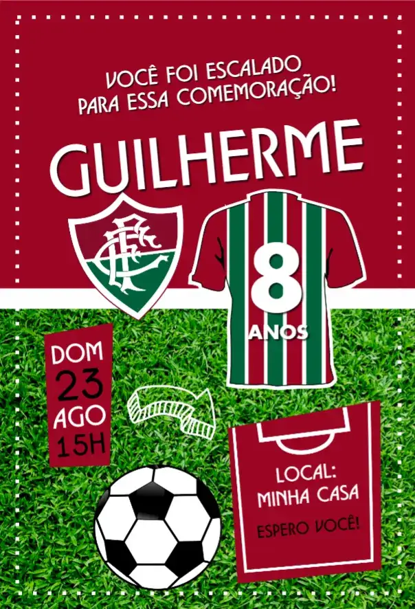 Convite Fluminense camisa – tema Aniversário esportivo, colorido, moderno, dinâmico, futebol, juvenil