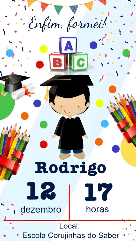 Convite Formatura – tema Formatura colorido, moderno, divertido, escolar, animado, jovial