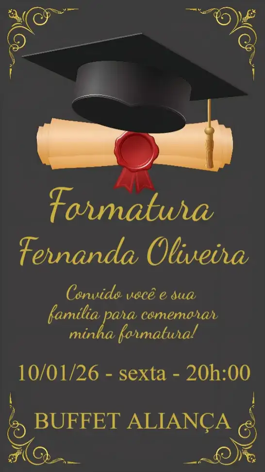 Convite Formatura – tema Formatura moderno, elegante, minimalista, clássico, colorido, dourado