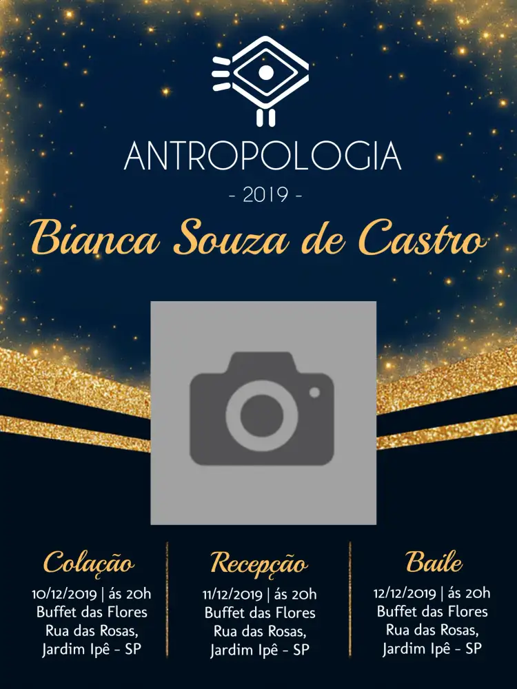 Convite Formatura Antropologia Com Foto Antropólogo – tema Formatura azul, dourado, glitter, moderno, elegante