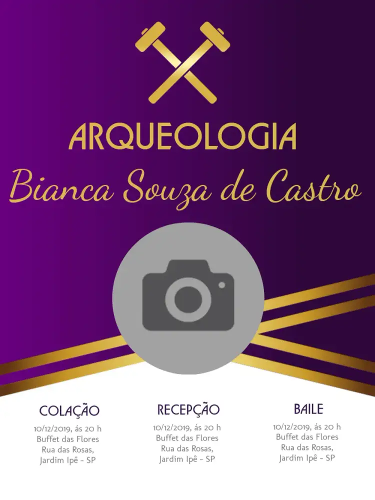 Convite Formatura Arqueologia Com Foto Dourado – tema Formatura dourado, roxo, moderno, elegante, sophisticated