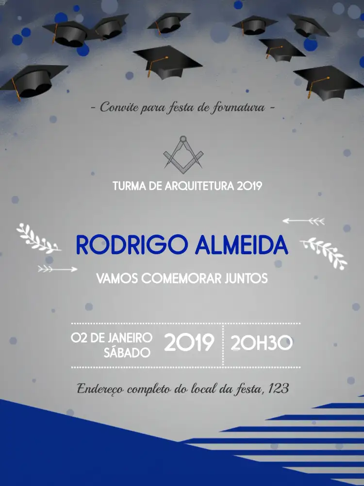 Convite Formatura Arquitetura Cinza – tema Formatura moderno, elegante, minimalista, cinza, azul, profissional