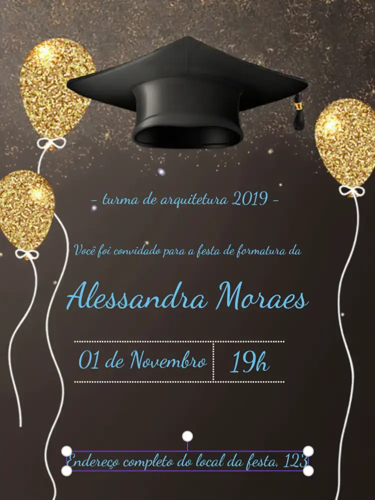 Convite Formatura Azul – tema Formatura glitter, dourado, preto, brilho, moderno, festivo