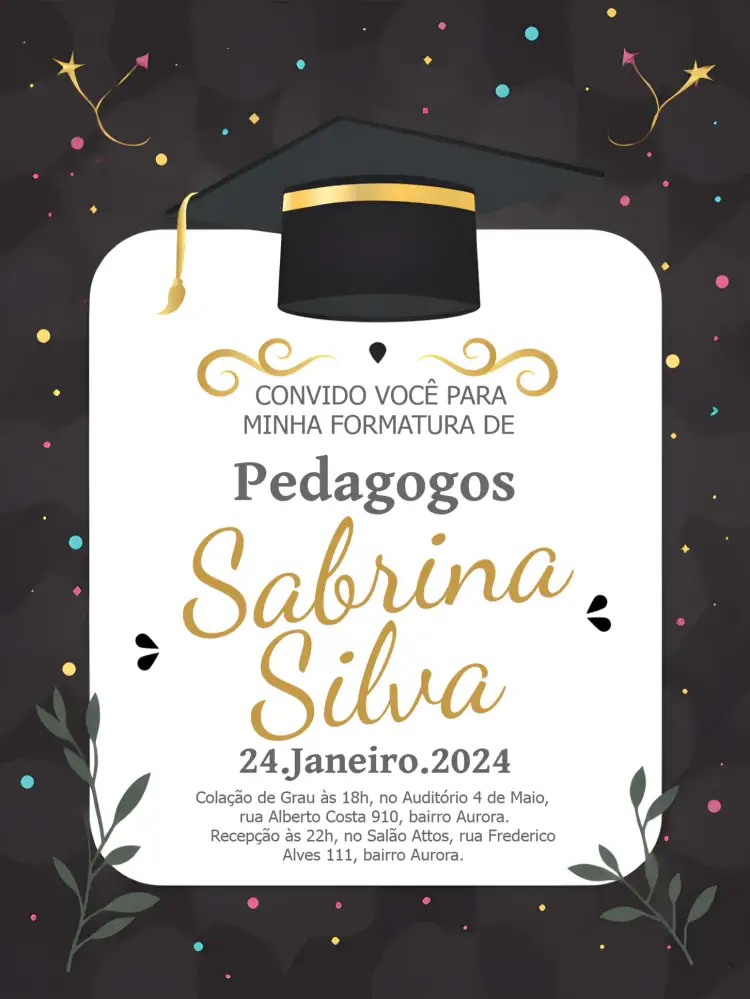 Convite Formatura Branco – tema Formatura elegante, moderno, minimalista, dourado, preto e branco, sophisticated