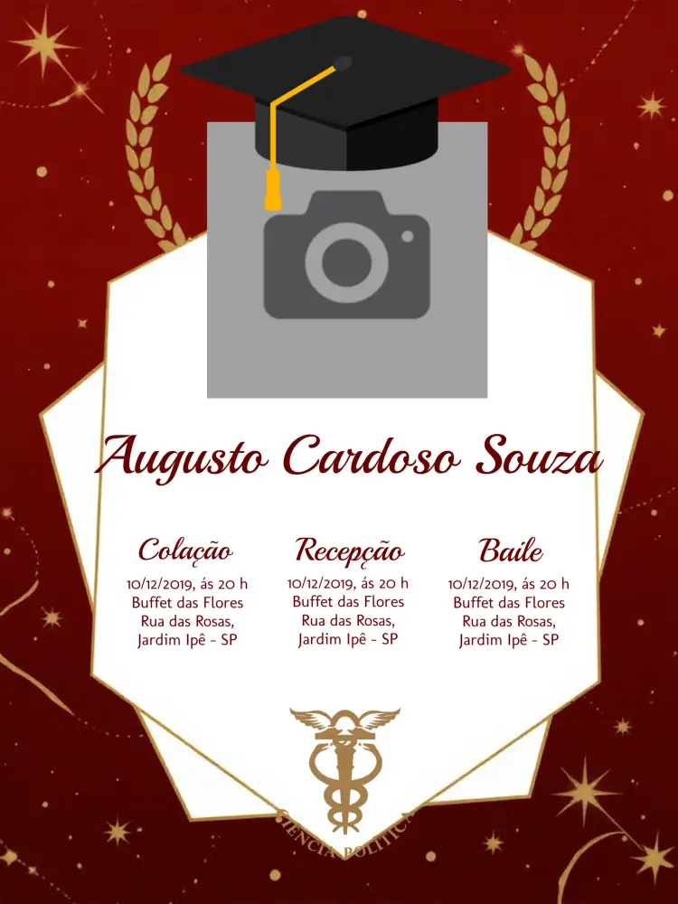 Convite Formatura Ciências Políticas Com Foto Graduação – tema Formatura vermelho, dourado, elegante, moderno, sophisticated, minimalista
