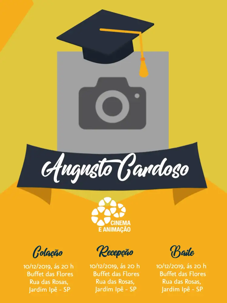 Convite Formatura Cinema E Animação Com Foto Amarelo – tema Formatura amarelo, moderno, divertido, cinematográfico, animado