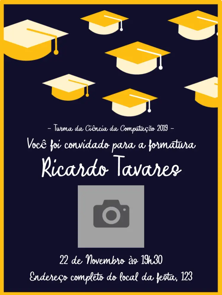 Convite Formatura Com Foto Colação – tema Formatura dourado, preto, moderno, elegante, sophisticated, minimalista