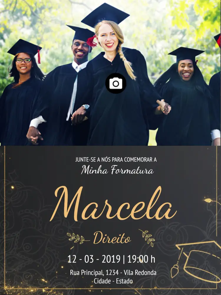 Convite Formatura Com Foto Dourado editável e personalizável