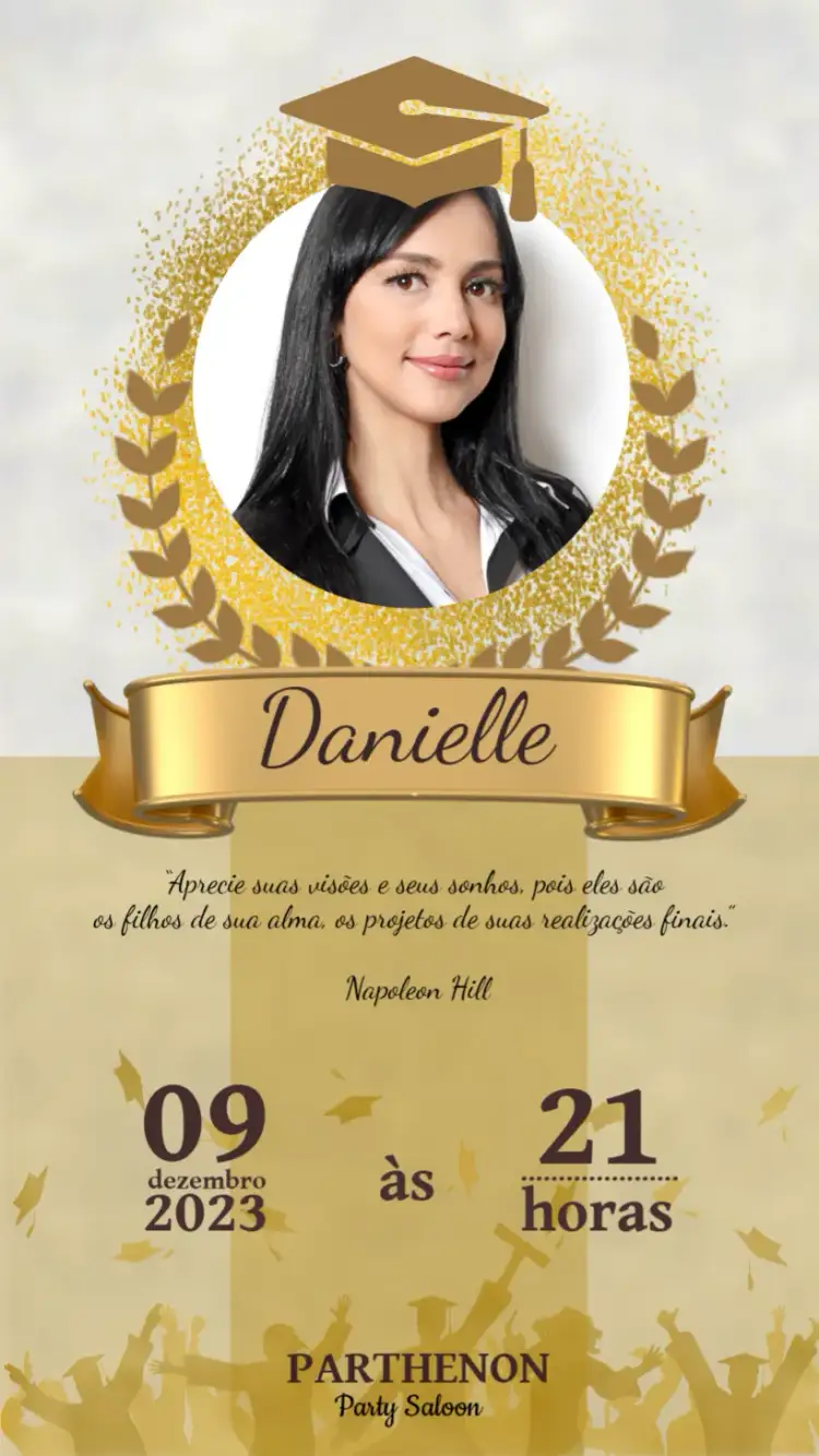 Convite Formatura Com Foto Capelo – tema Formatura dourado, marrom, caramelo, elegante, moderno, minimalista