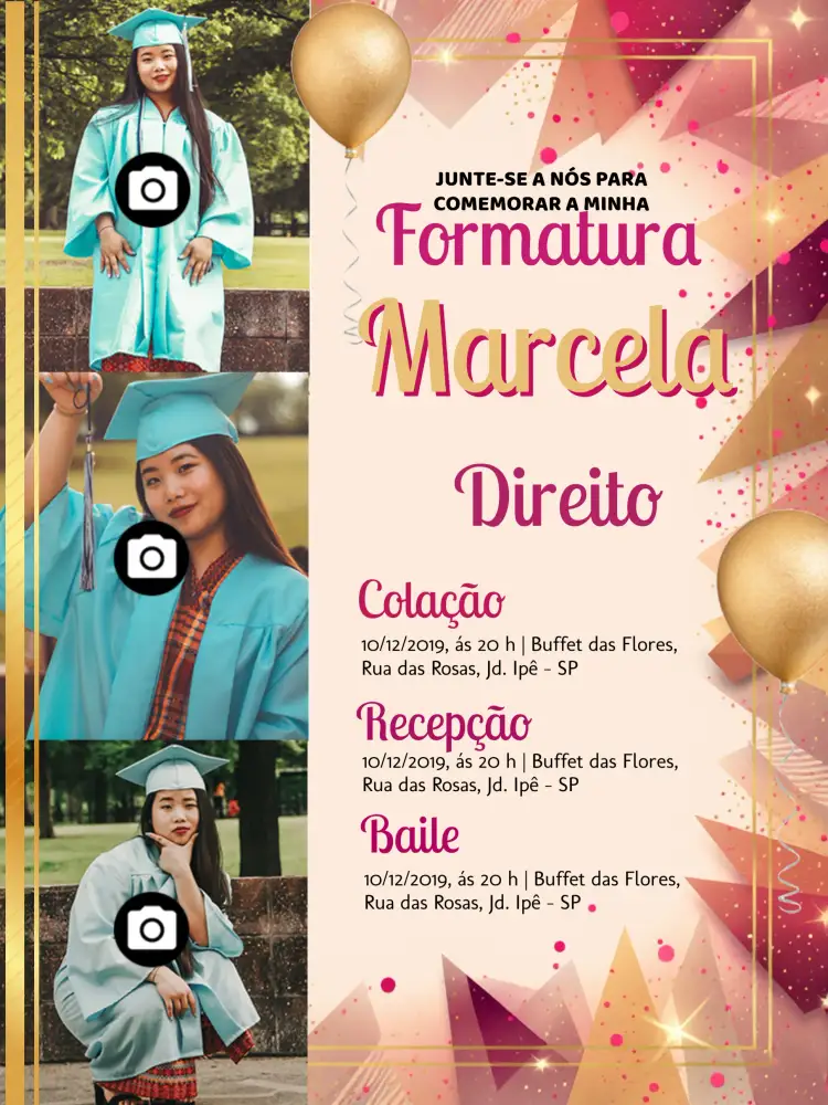 Convite Formatura Com Fotos Balão – tema Formatura dourado, balões, moderno, personalizado, festivo