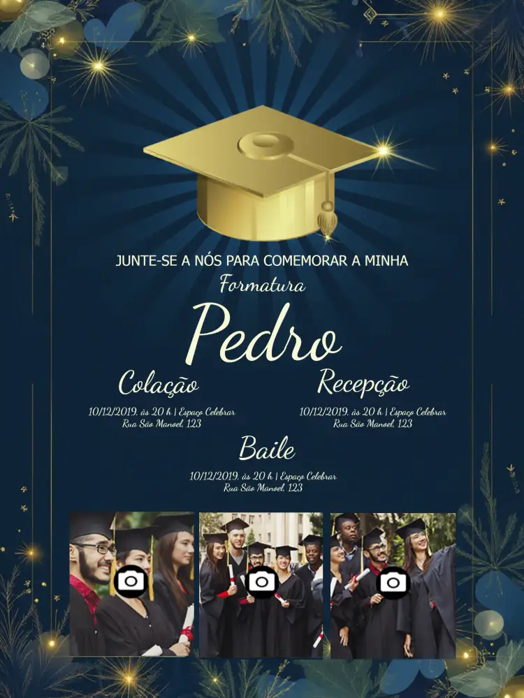 Convite Formatura Com Fotos Colegial – tema Formatura colorido, moderno, jovem, divertido, fotográfico, celebrativo