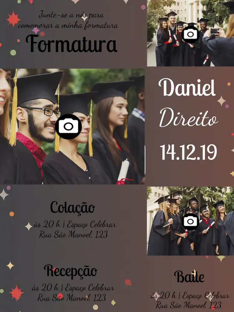 Convite Formatura Com Fotos Colagem – tema Formatura moderno, colorido, elegante, fotográfico, jovem, vibrante