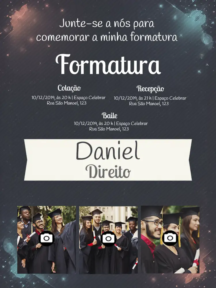 Convite Formatura Com Fotos Ensino – tema Formatura moderno, colorido, elegante, jovem, despojado, fotográfico