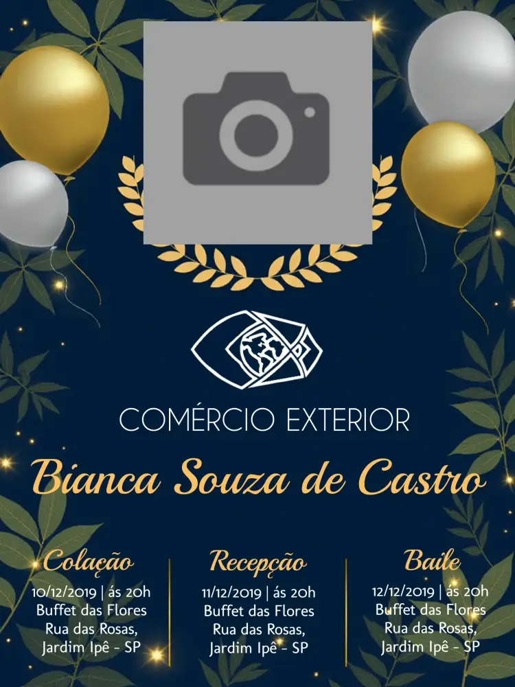 Convite Formatura Comércio Exterior Com Foto Balões – tema Formatura azul, dourado, balões, moderno, festivo