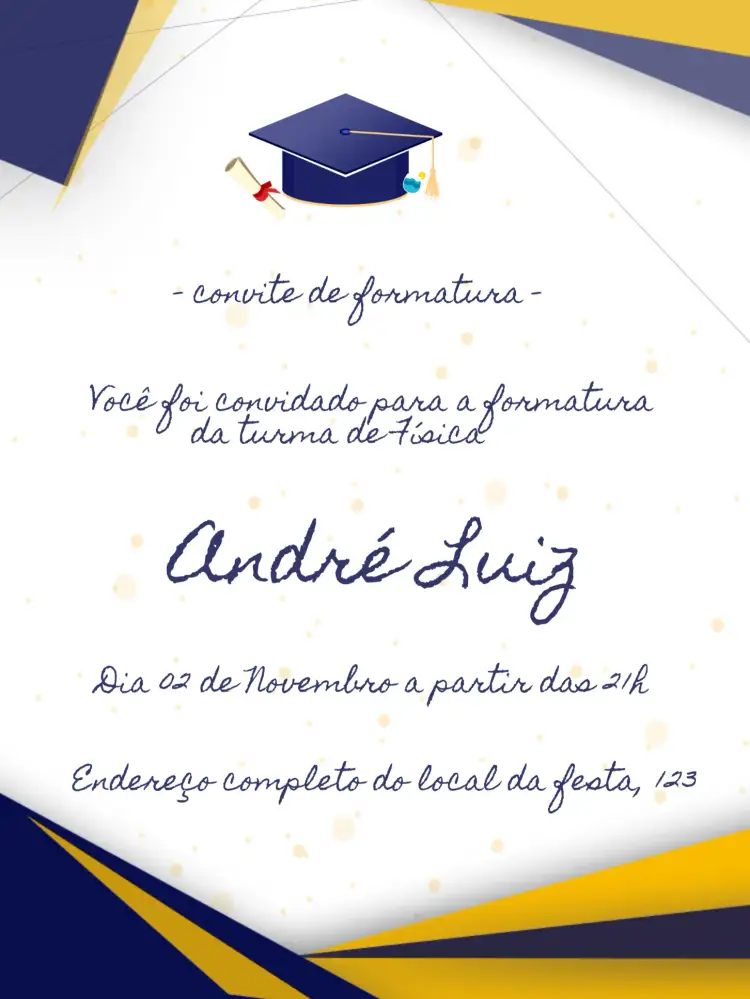 Convite Formatura Masculino – tema Formatura azul, dourado, moderno, elegante, masculino, sophisticated