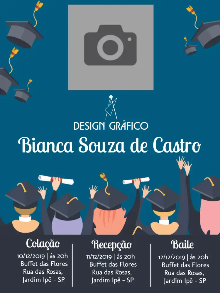 Convite Formatura Design Gráfico Com Foto Quepe – tema Formatura moderno, elegante, azul, gráfico, personalizado, criativo