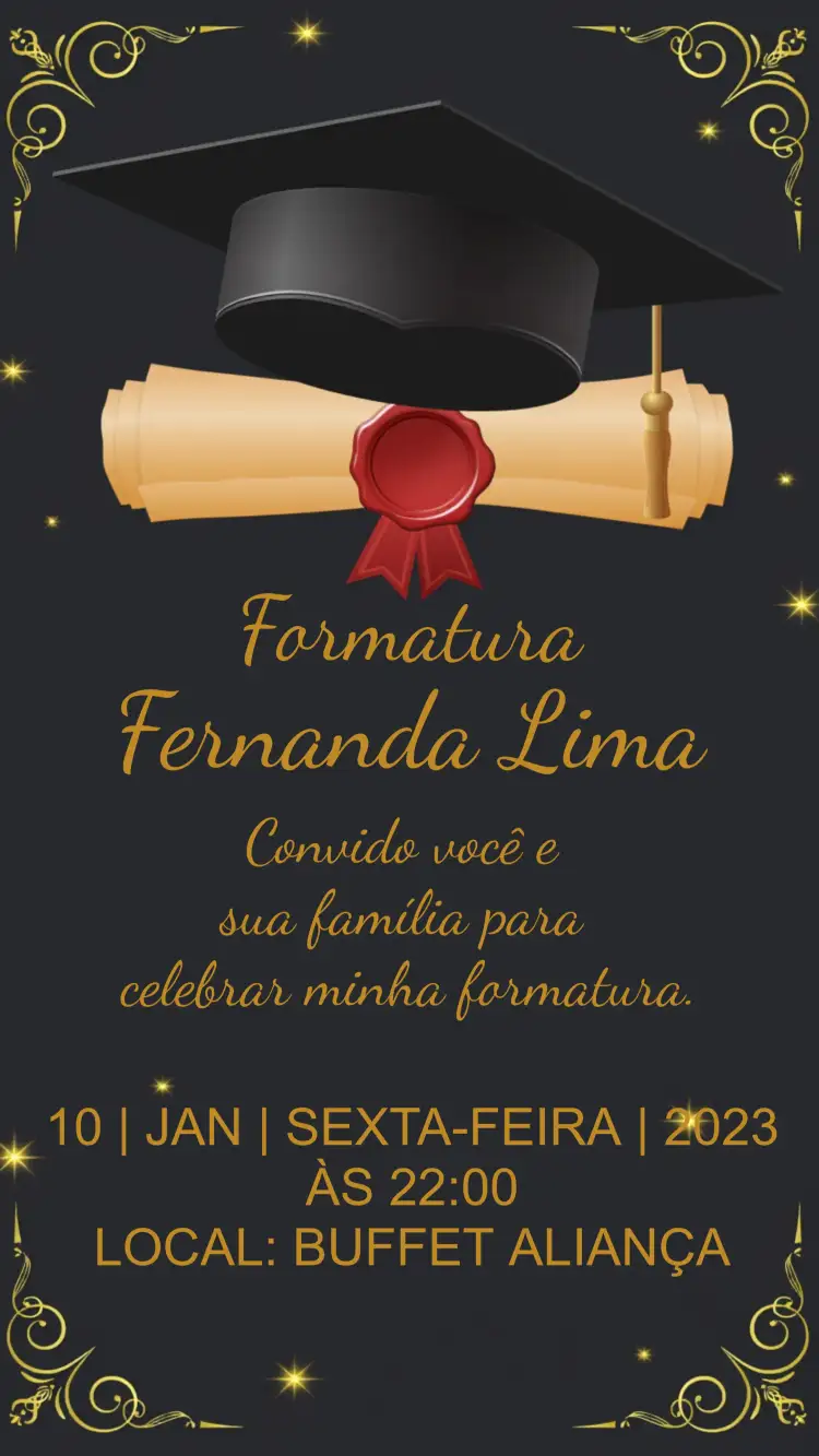 Convite Formatura Dourado – tema Formatura dourado, preto, elegante, moderno, sophisticated