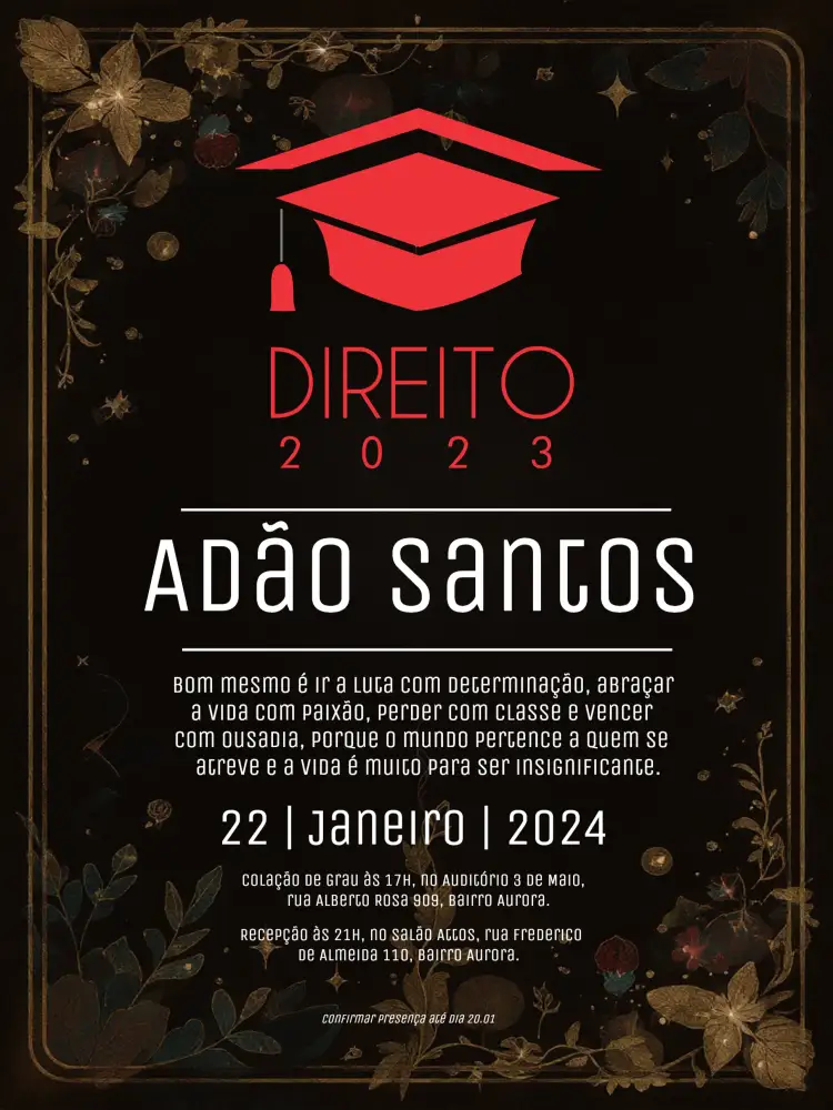 Convite Formatura Direito Advogado – tema Formatura formatura, direito, clássico, floral