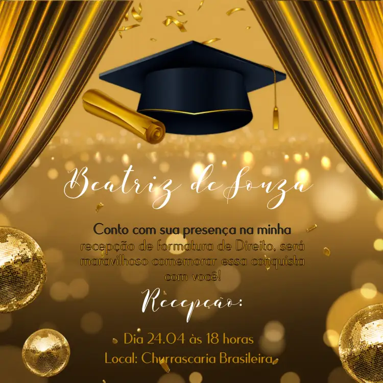 Convite Formatura Dourado Instagram – tema Formatura dourado, moderno, elegante, minimalista, clássico