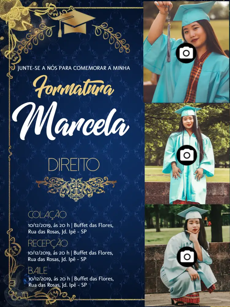 Convite Formatura Em Direito Com Fotos Classico – tema Formatura clássico, elegante, azul, formal, sutil