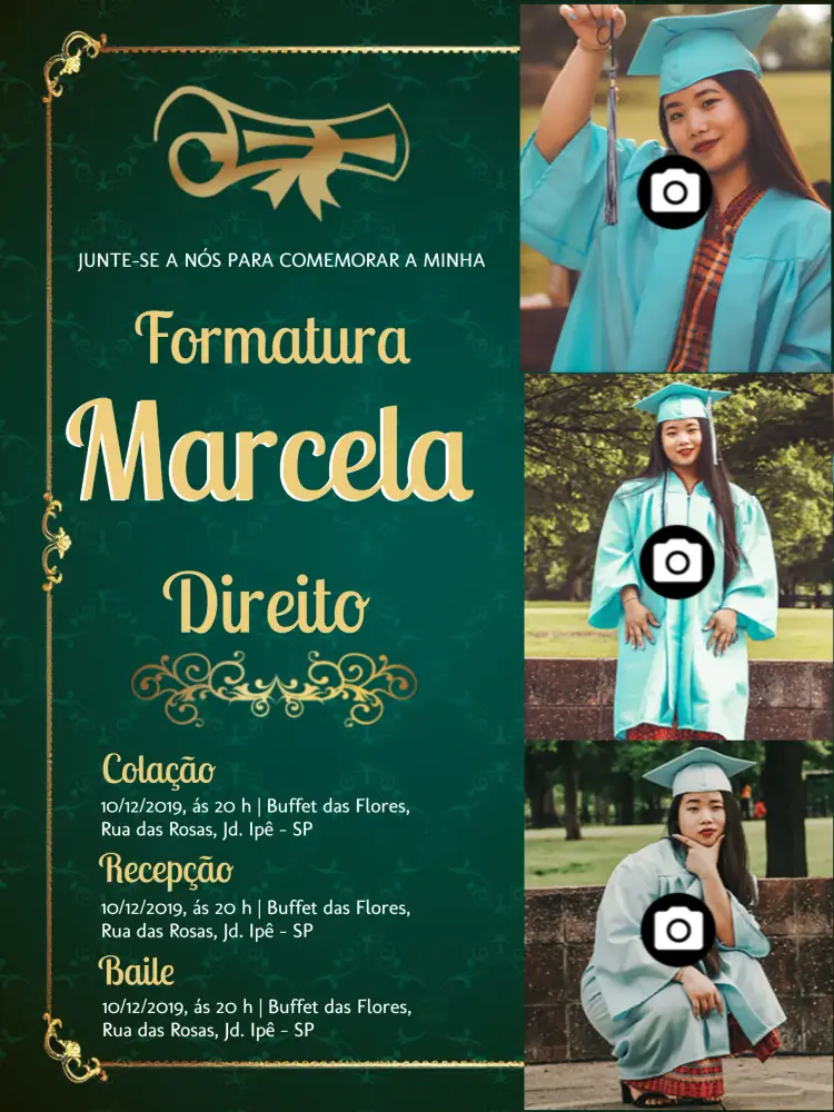Convite Formatura Em Direito Com Fotos Confetes editável e personalizável