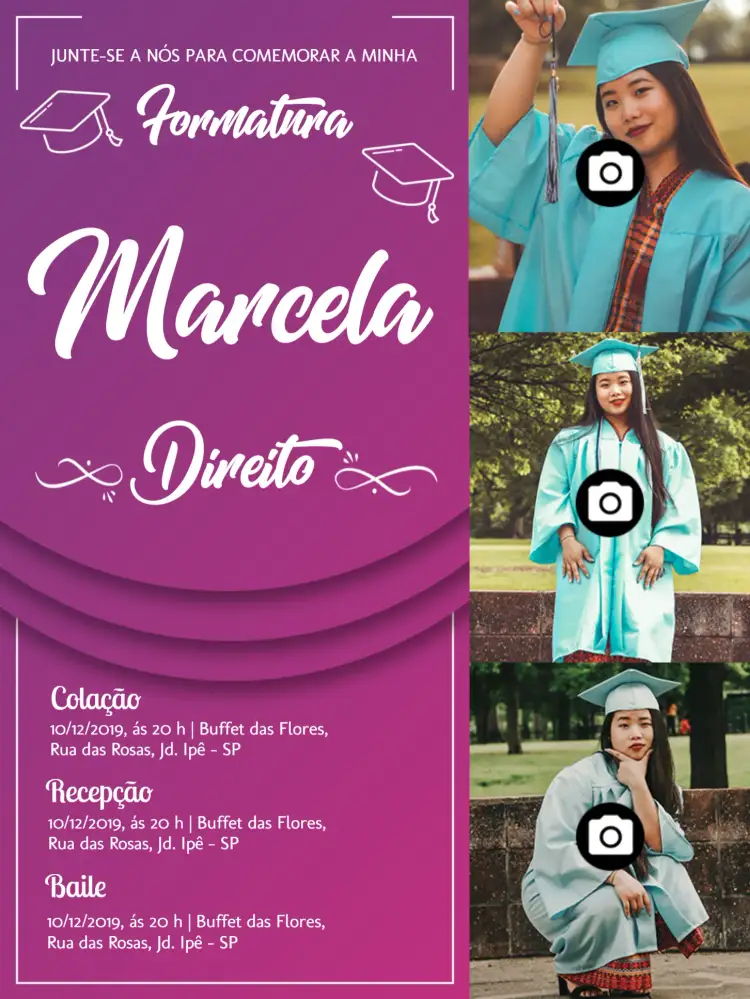 Convite Formatura Em Direito Com Fotos Roxo – tema Formatura roxo, elegante, moderno, minimalista, sophisticated, fotográfico