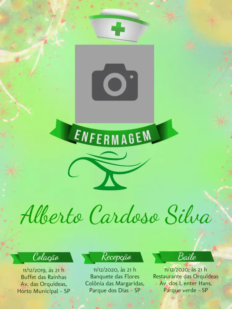 Convite Formatura Enfermagem Com Foto Verde – tema Formatura verde, moderno, foto pessoal, elegante, celebração, minimalista