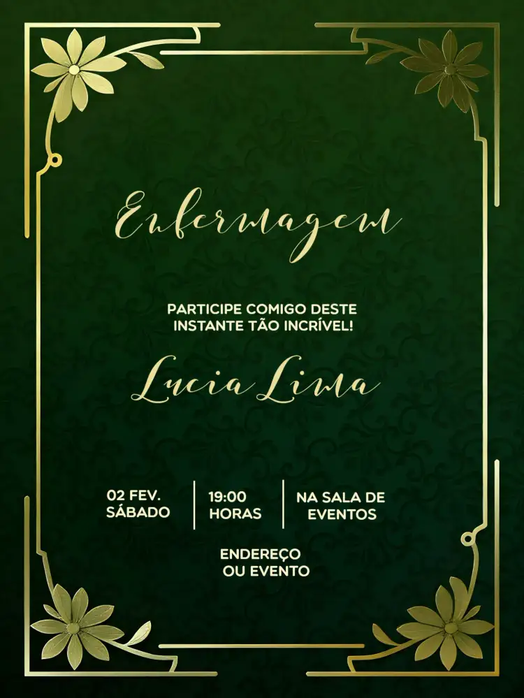 Convite Formatura Enfermagem Graduação – tema Formatura verde, dourado, elegante, moderno, sofisticado, minimalista