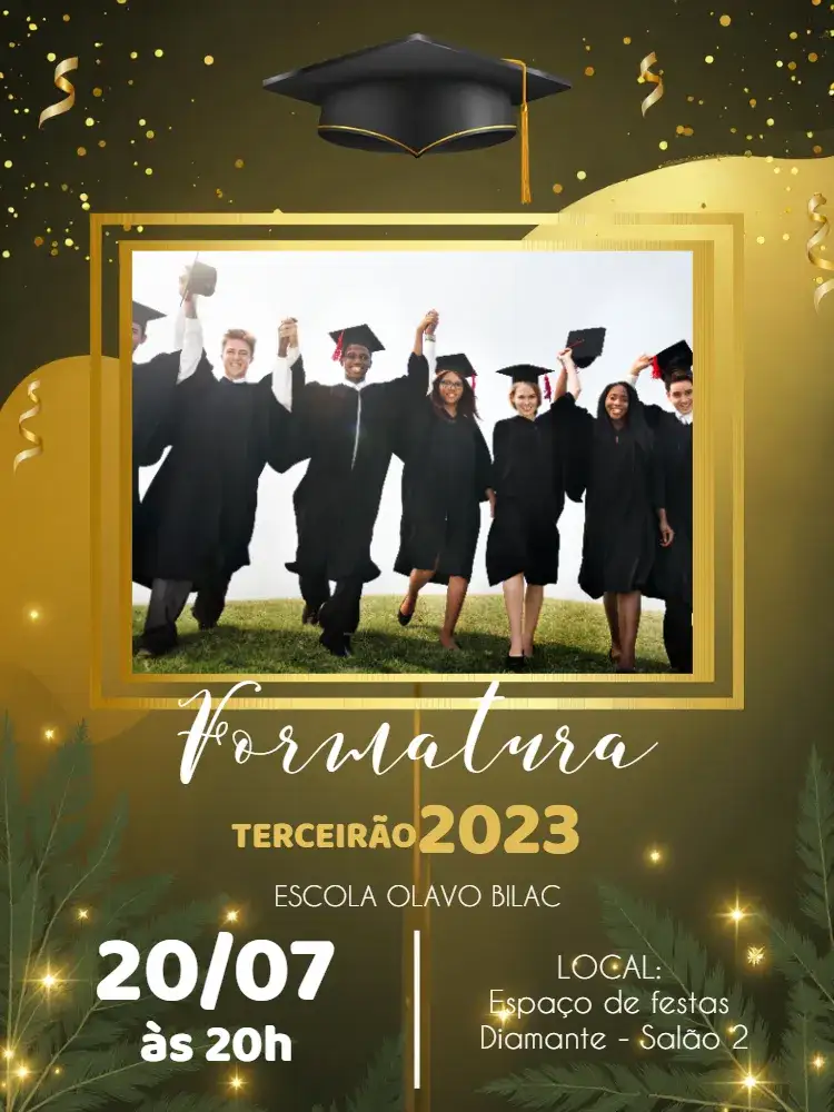 Convite Formatura Ensino Médio Com Foto Preto – tema Formatura preto, dourado, moderno, elegante, minimalista, formal
