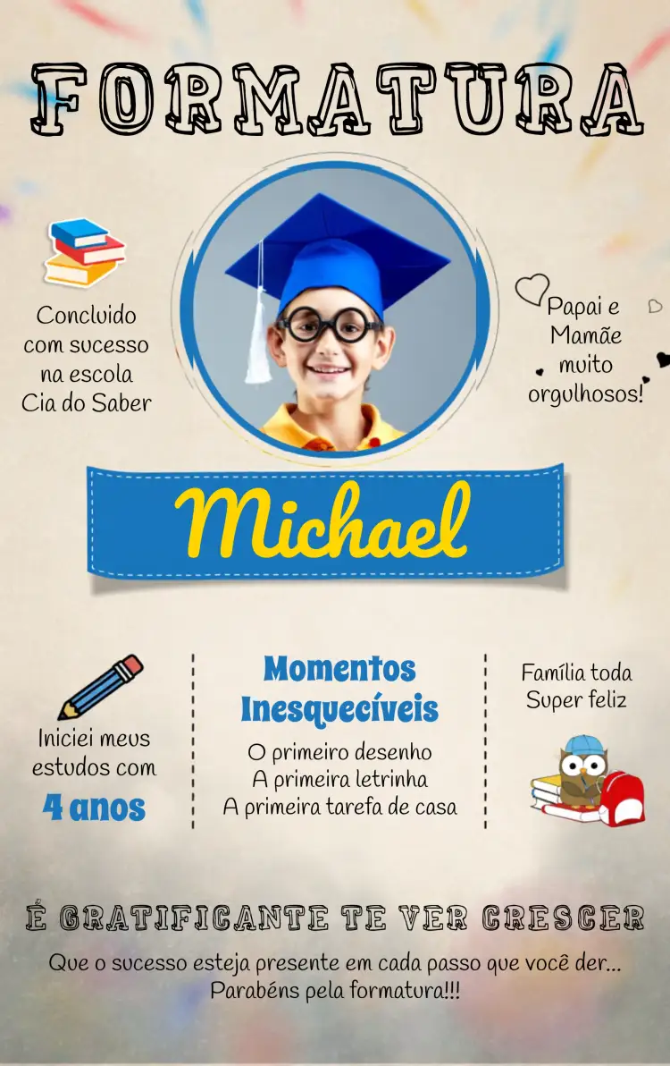 Convite Formatura Escolar Com Foto Livros – tema Formatura infantil, escolar, divertido, colorido, moderno