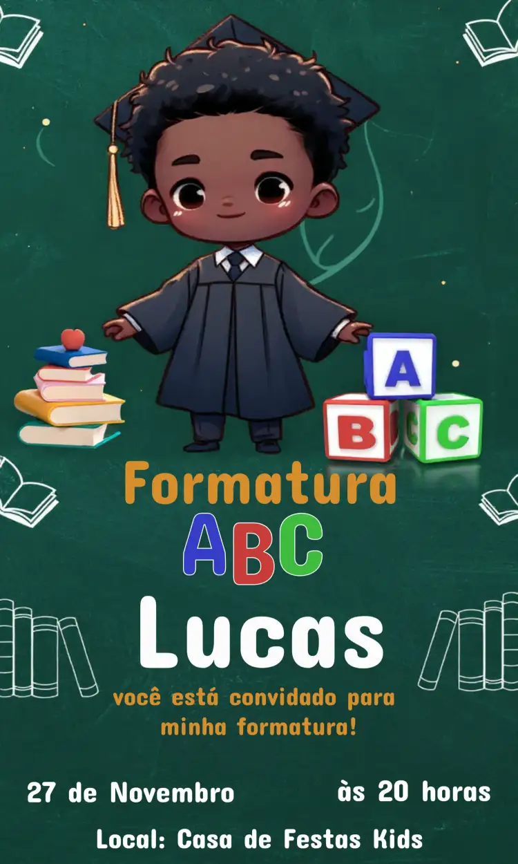 Convite Formatura Escolar Menino Negro Abc – tema Formatura moderno, colorido, infantil, jovial, divertido