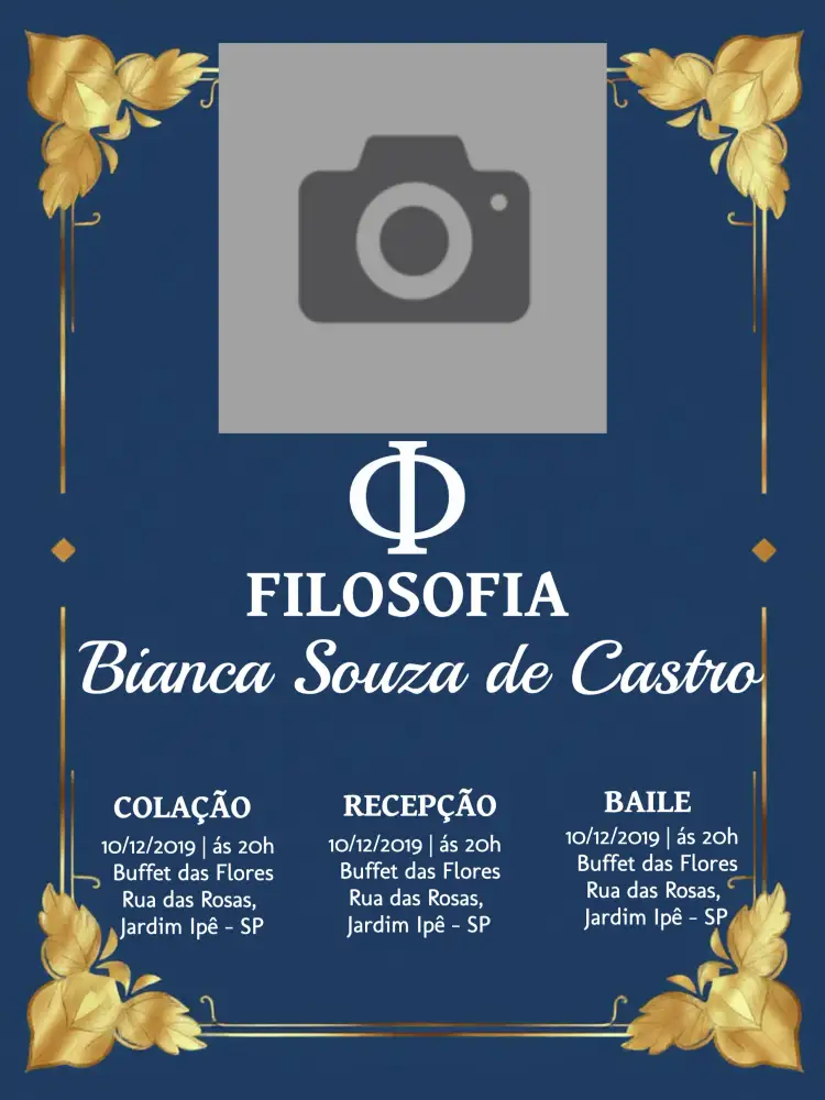Convite Formatura Filosofia Com Foto Filósofo – tema Formatura azul, dourado, filosófico, elegante, moderno