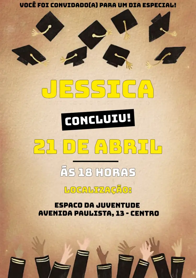 Convite Formatura Formando – tema Formatura colorido, moderno, vibrante, jovem, alegre, elegante