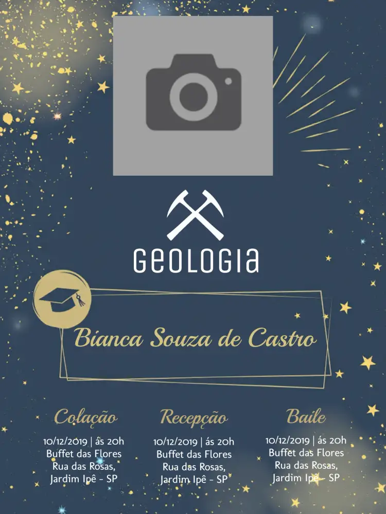 Convite Formatura Geologia Quepe – tema Formatura azul, dourado, moderno, estrelas, elegante, acadêmico