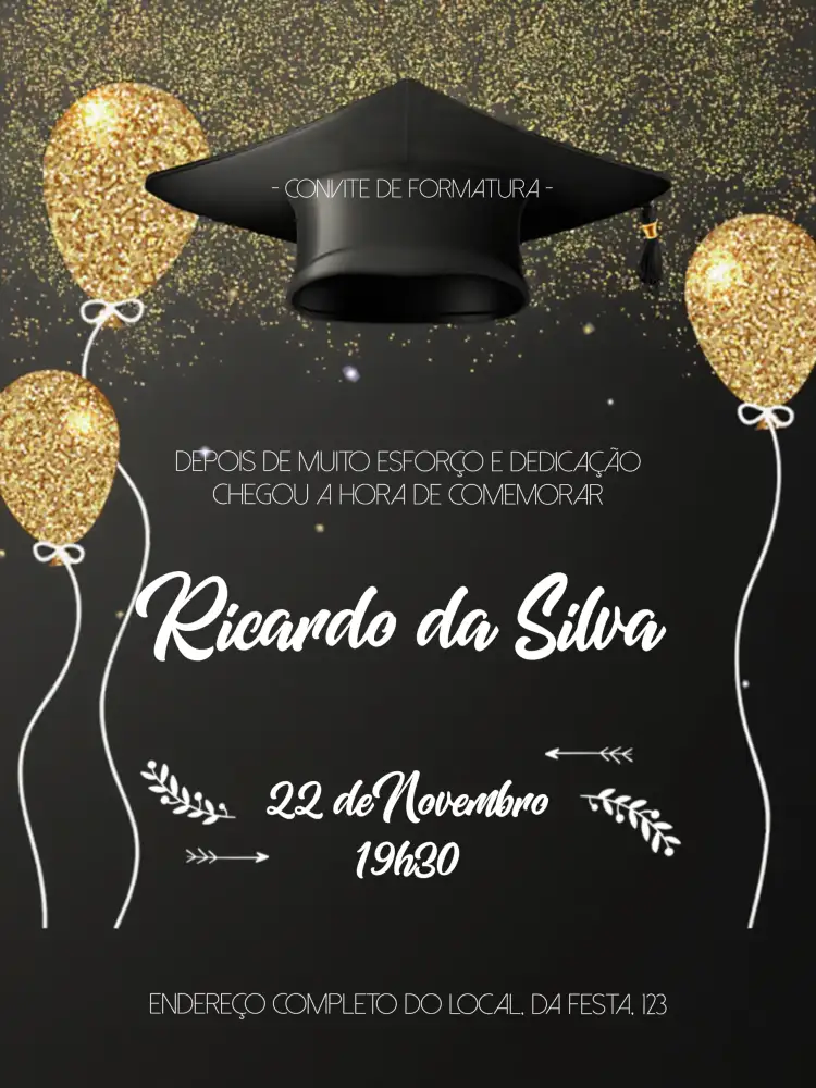 Convite Formatura Glitter – tema Formatura glitter, dourado, preto, brilho, moderno, elegante