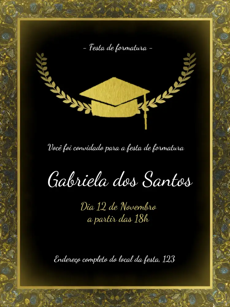 Convite Formatura Graduação – tema Formatura elegante, moderno, minimalista, dourado, preto, clássico