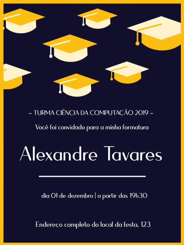 Convite Formatura Celebração – tema Formatura dourado, preto, moderno, elegante, minimalista, sofisticado