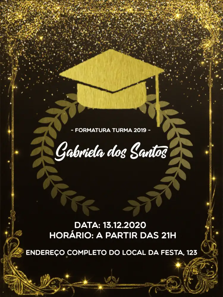Convite Formatura Dourado – tema Formatura dourado, elegante, glitter, moderno, sophisticated, clássico