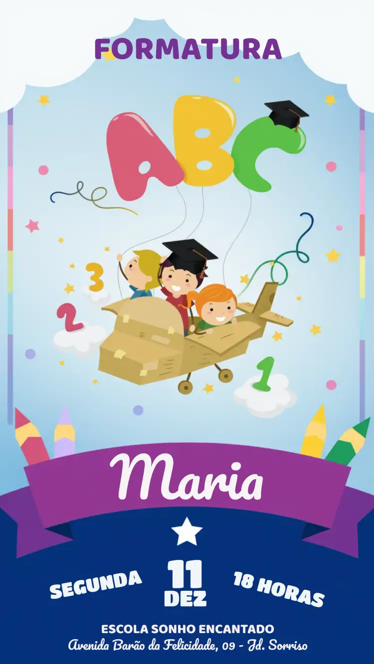 Convite Formatura Infantil – tema Formatura colorido, divertido, alegre, moderno, infantil