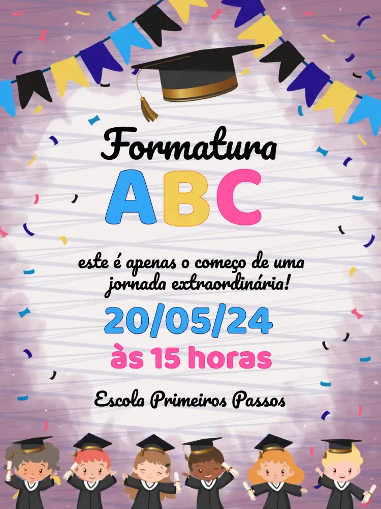 Convite Formatura Infantil Abc Pré – tema Formatura colorido, divertido, infantil, educacional, moderno