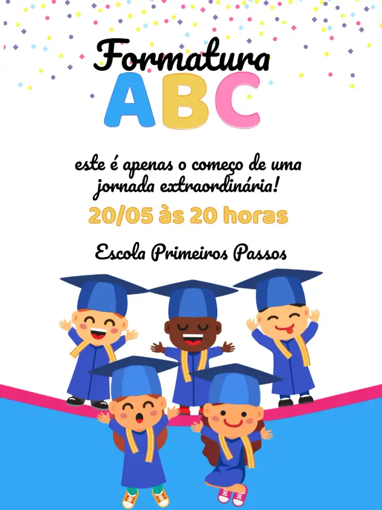 Convite Formatura Infantil Abc Colorido – tema Formatura colorido, divertido, infantil, escolar, alegre
