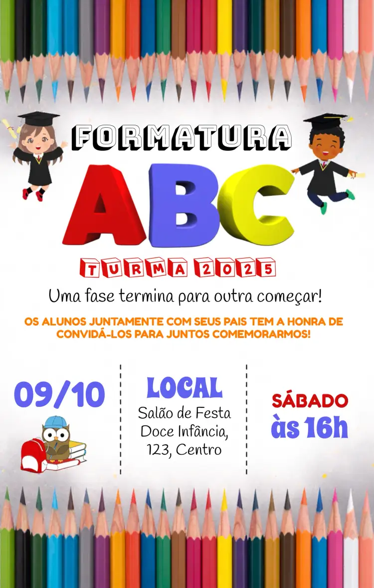 Convite Formatura Infantil Abc – tema Formatura colorido, infantil, escolar, moderno, divertido