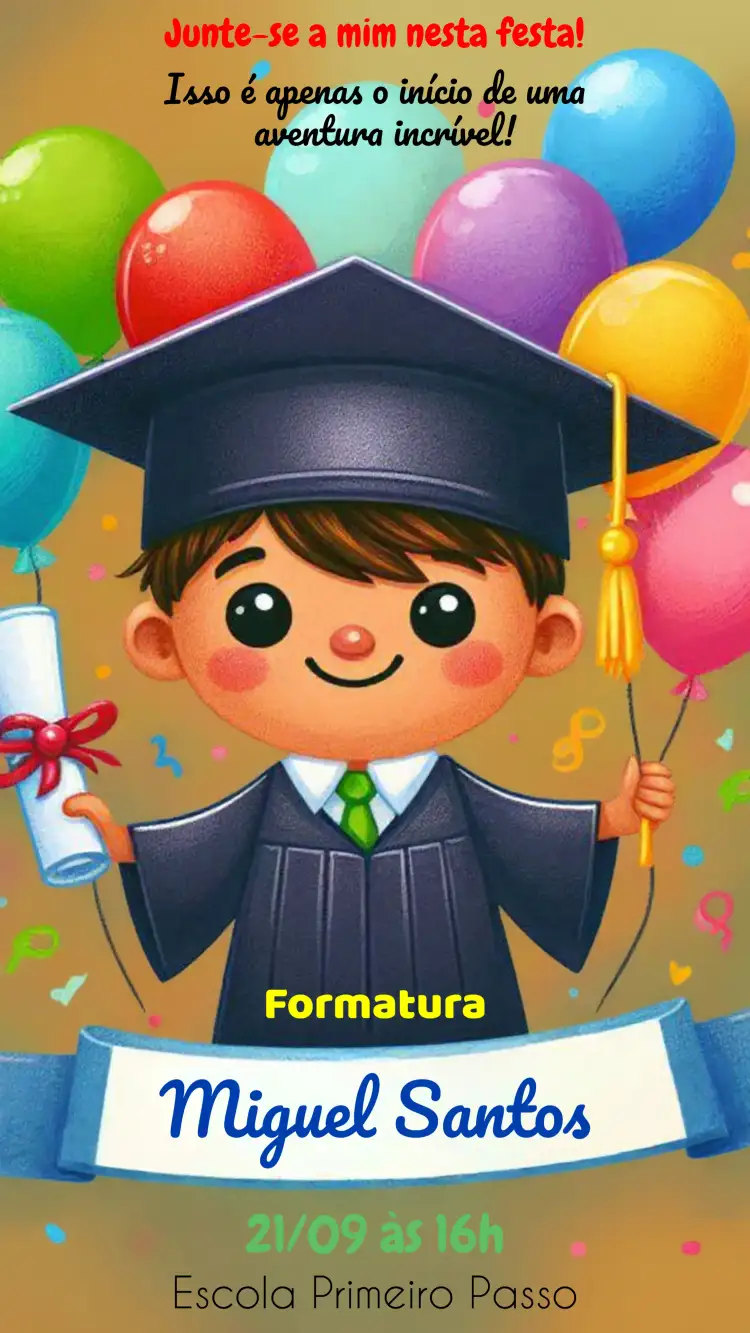 Convite Formatura Infantil Abc – tema Formatura colorido, infantil, balões, divertido, alegre, moderno