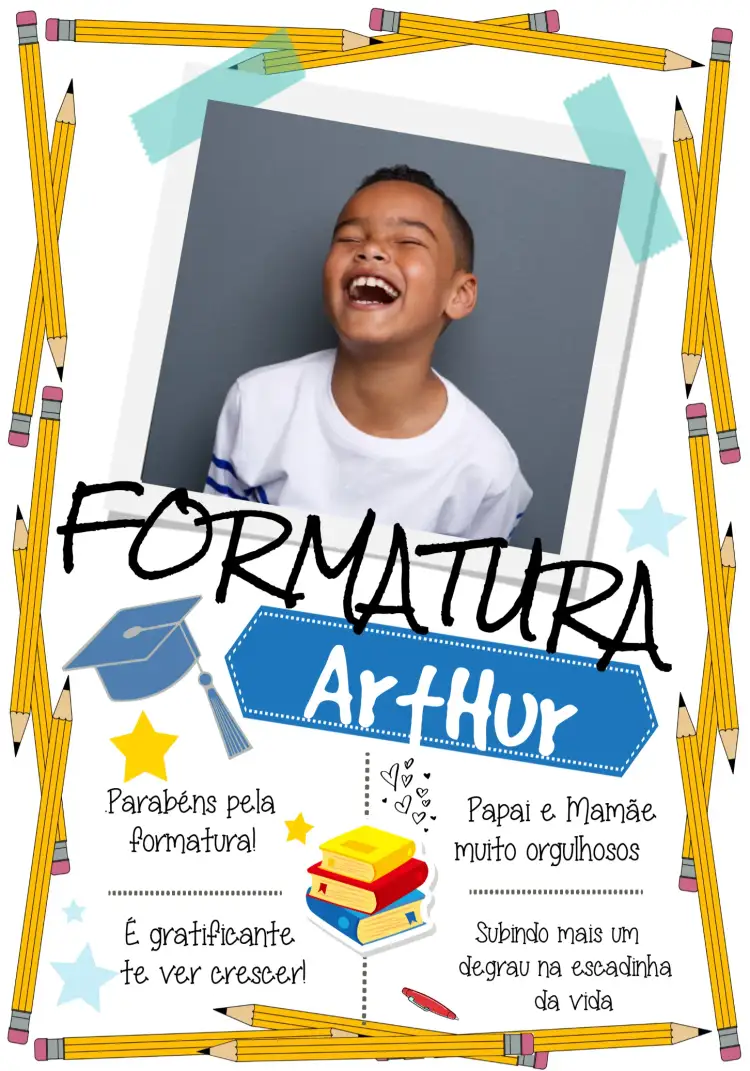 Convite Formatura Infantil Com Foto Estrela – tema Formatura colorido, divertido, educacional, infantil, moderno
