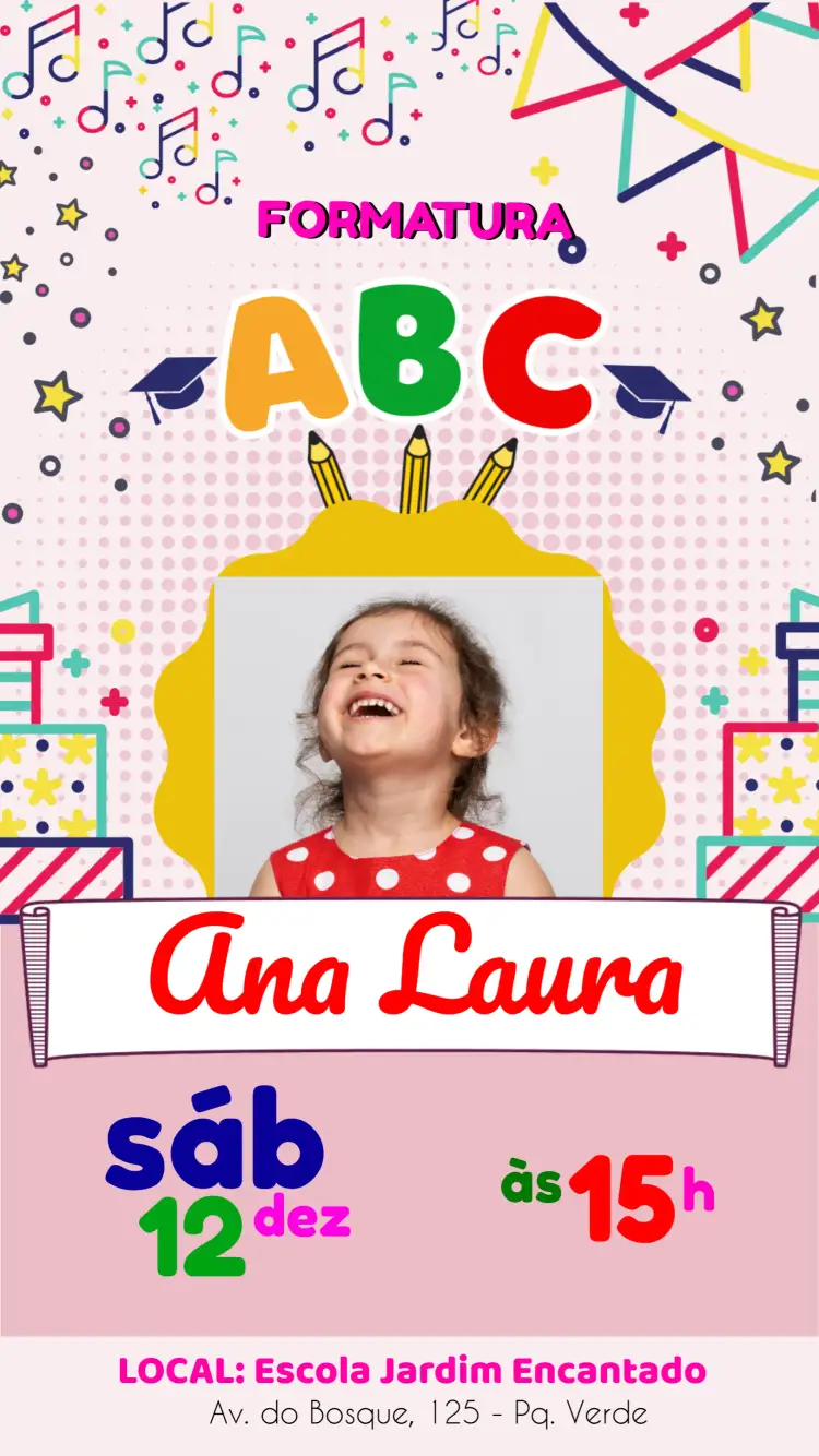 Convite Formatura Infantil Com Foto Colorido – tema Formatura colorido, divertido, infantil, moderno, escolar