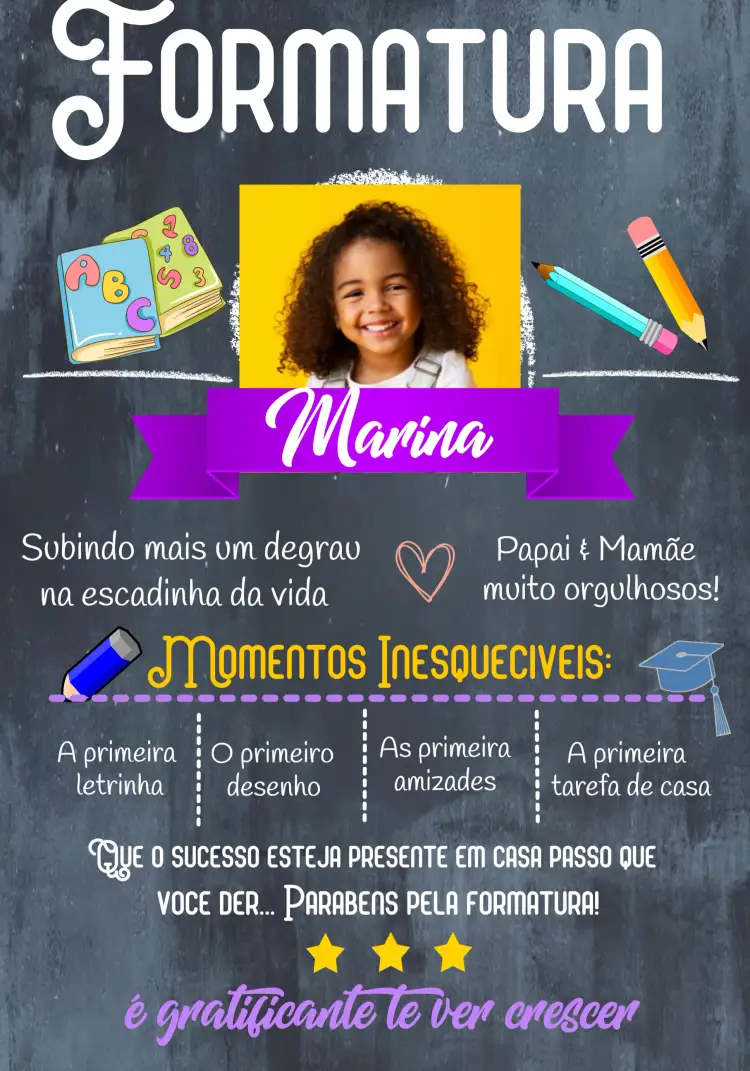 Convite Formatura Infantil Com Foto Menina – tema Formatura chalkboard, moderno, colorido, divertido, infantil