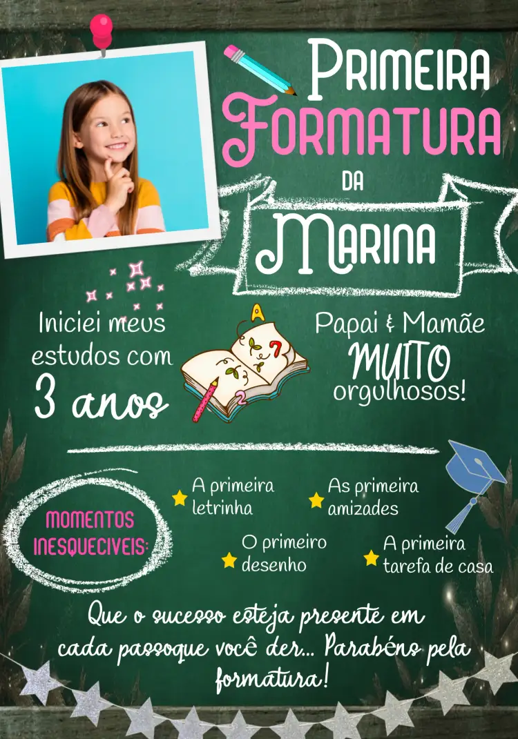 Convite Formatura Infantil Com Foto Giz – tema Formatura escolar, lúdico, colorido, moderno, divertido, chalkboard