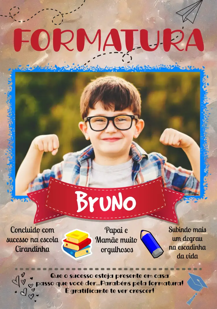 Convite Formatura Infantil Com Foto Livro – tema Formatura branco e vermelho, colorido, moderno, infantil, lúdico