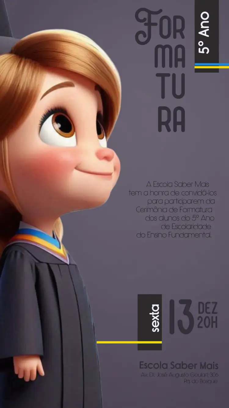 Convite Formatura Infantil Educação – tema Formatura colorido, lúdico, moderno, infantil, alegre, divertido